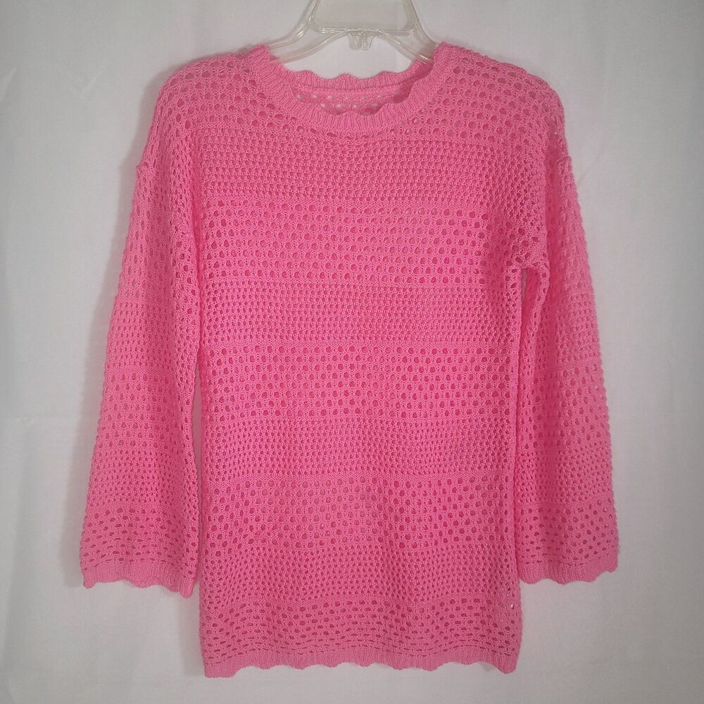 Hot Pink Bubblegum Pullover Lacy Crochet Open Knit Cover Up Sweater Size L